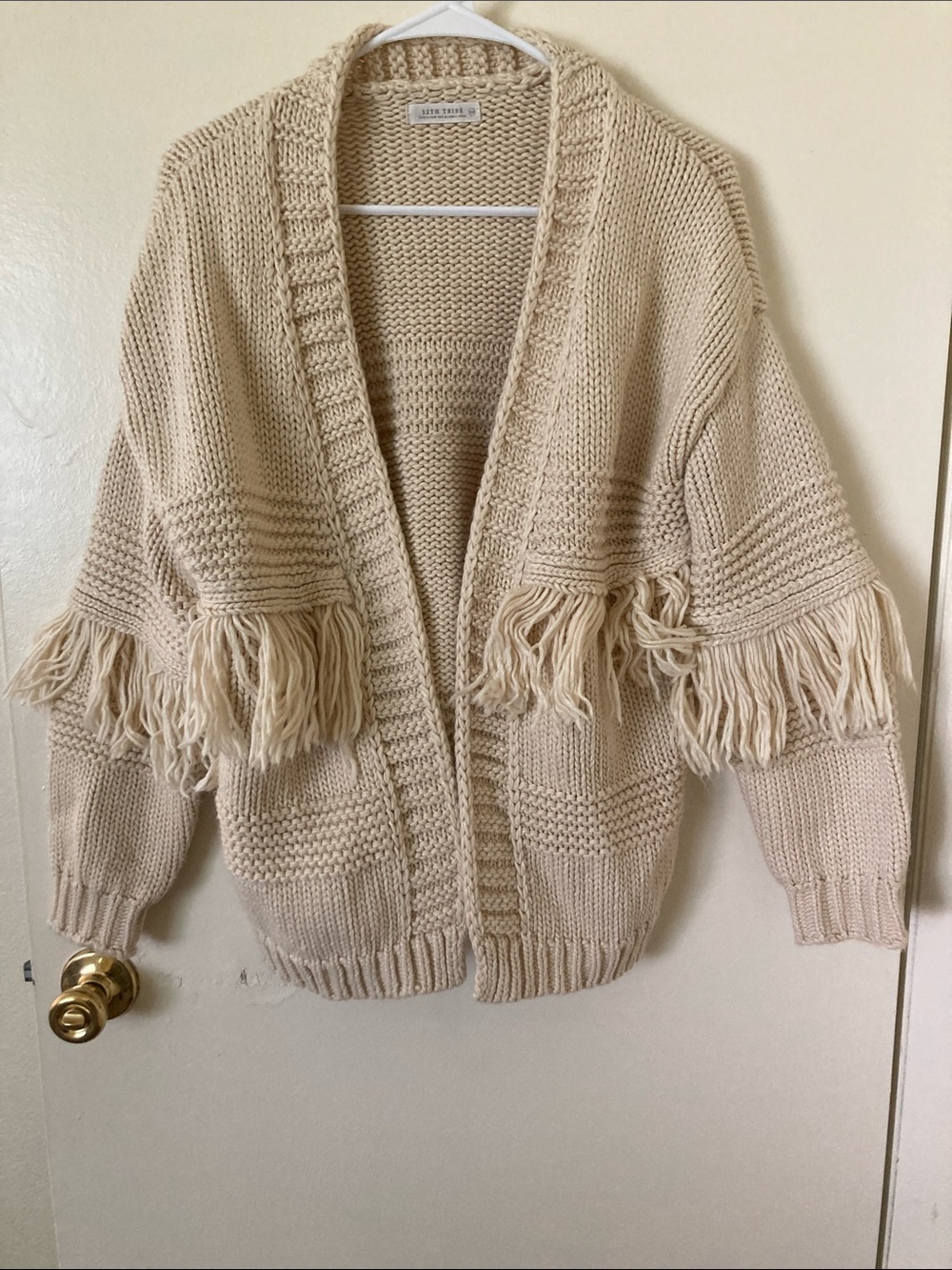 12th Tribe Cream Fringe Open-Front Chunky Knit Cardigan